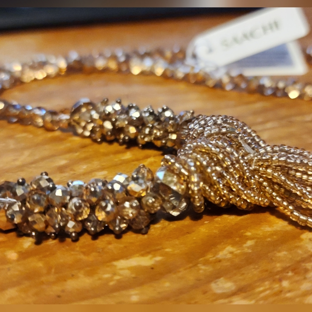 SAACHI Vintage Style Art Deco Flapper Hand Knotted Gold Beaded Tassel Necklace